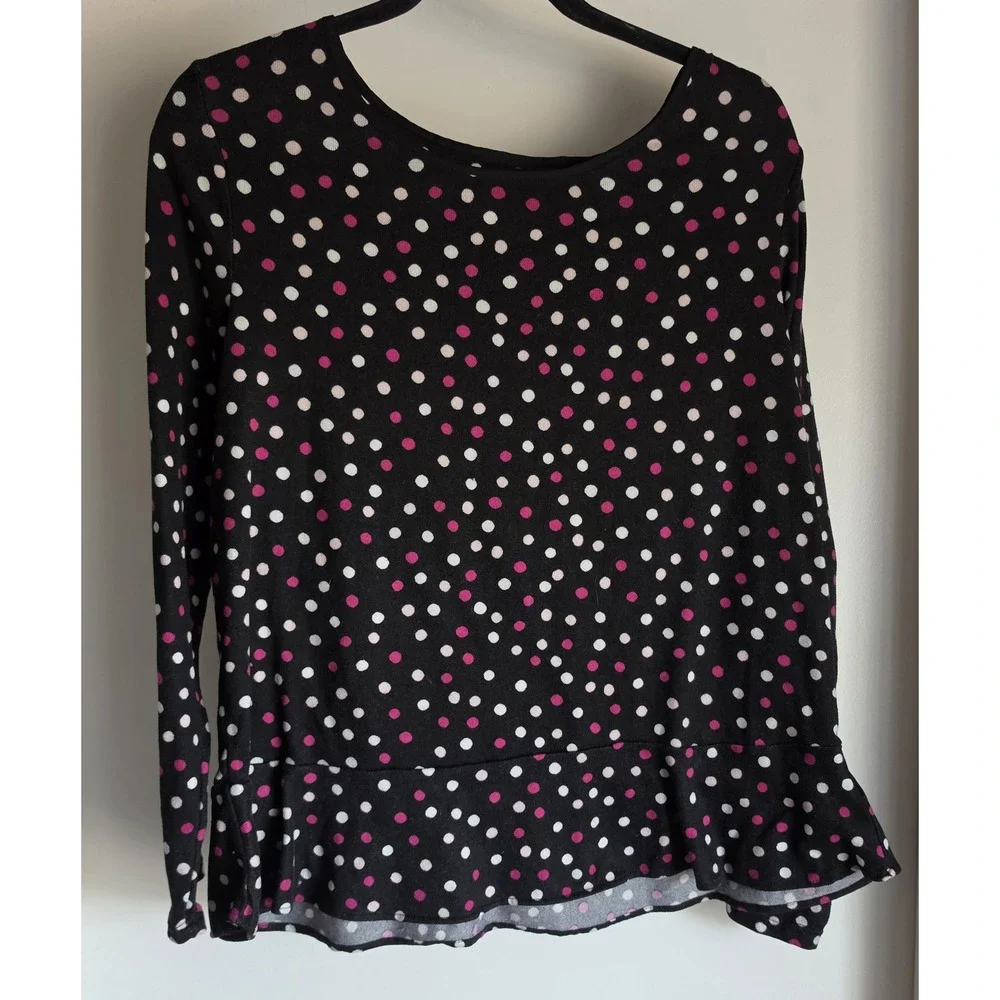 Kate Spade Blouse Women M Black White Pink Polka Dot Long Sleeve Round Neck Top